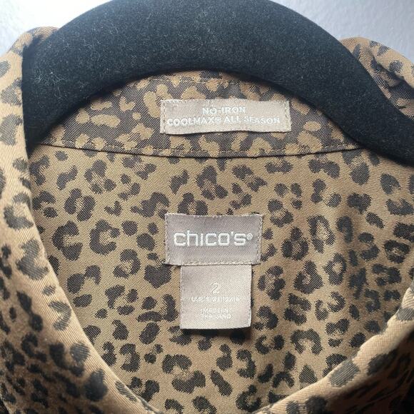 Chico's Women's size 2 / 12 / 14 Brown Cheetah Animal Print Button Down Shirt - Picture 3 of 9